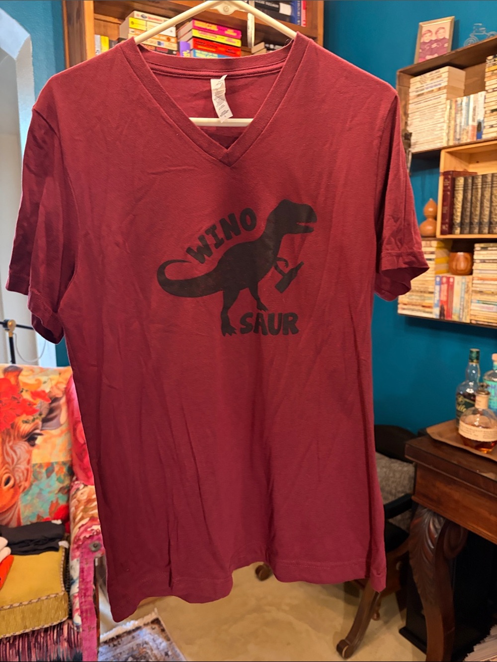 Burgundy Wine V-Neck Tee with Black Dinosaur Graphic